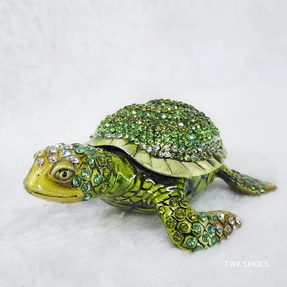 H&D Crystal Green Sea Turtle Jewelry Coin Trinket Box Magnetic - Picture 3 of 11